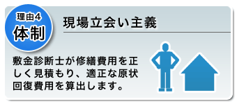 理由4　現場立会い主義　敷金診断士が使用状況や修繕費用を正しく見積もり、適正な原状回復費用を算出します。